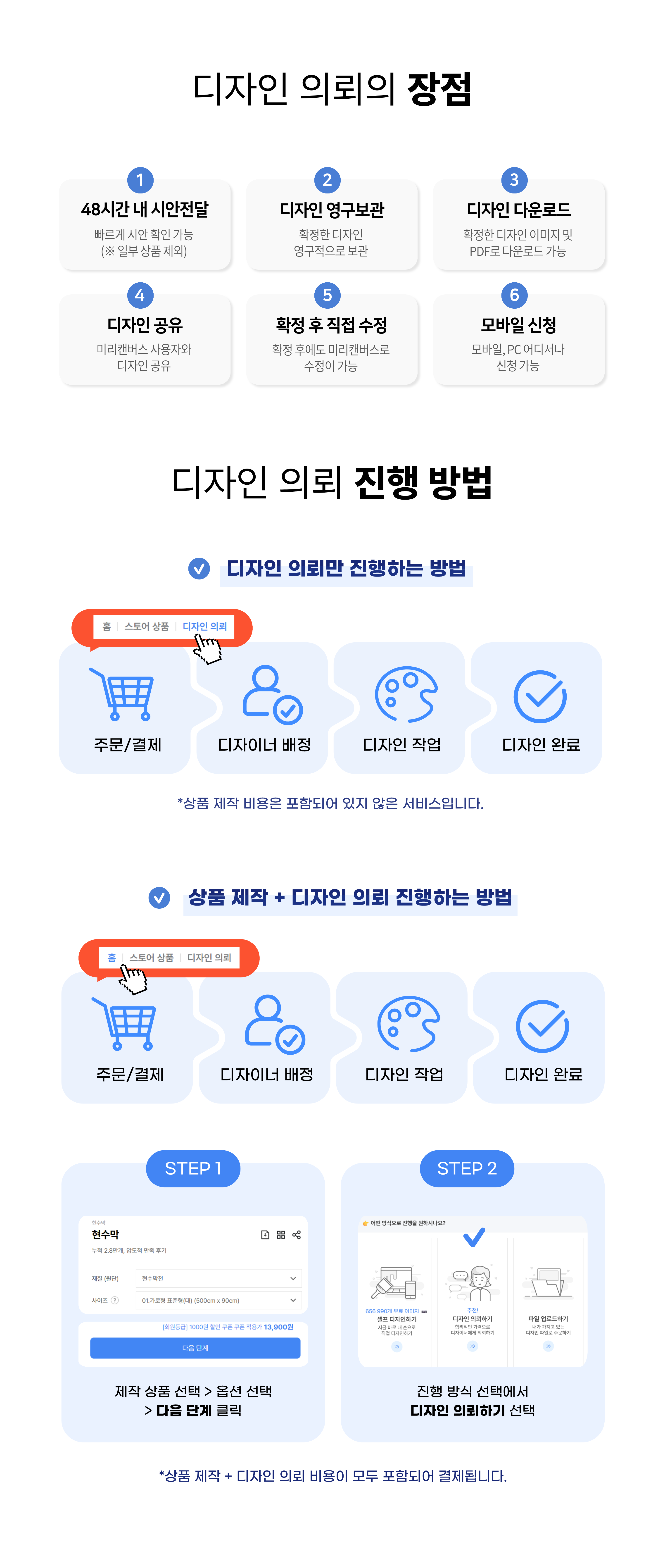 디자인 의뢰의 장점과 진행 방법을 설명하는 안내 이미지로, 단계별 아이콘과 예시 화면이 배치되어 있다.